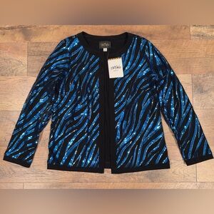 New with Tags Bob Mackie Black and Blue Open Front Sequin Blazer Sparkles
